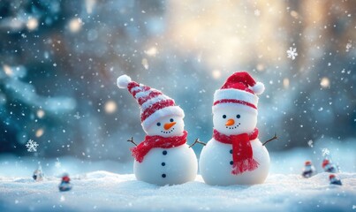 Snowmen standing in winter Christmas landscape.Winter background.