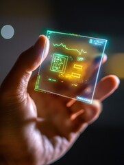 A hand is grasping a micro biochip emitting a colorful holographic display of health metrics, illustrating cutting-edge medical technology. Generative AI