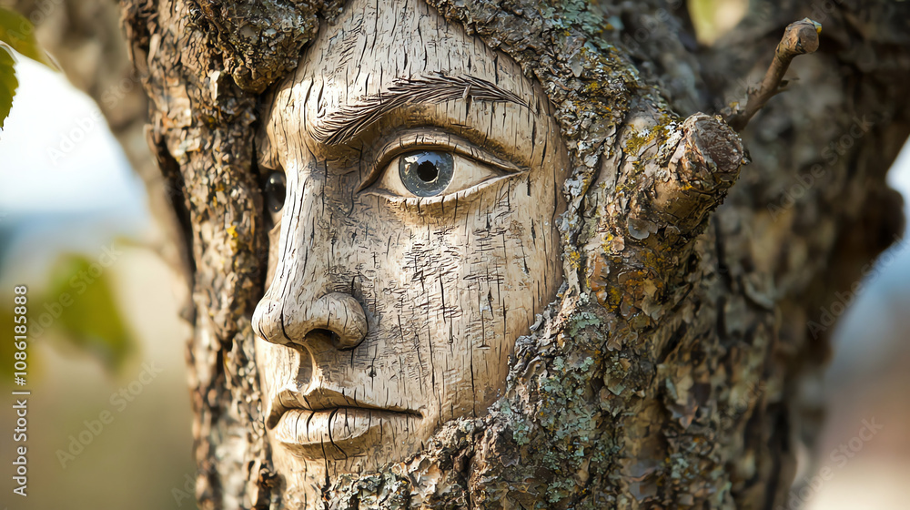 Poster a mysterious tree with a thinking meme face carved into its trunk, surrounded by nature in a serene 