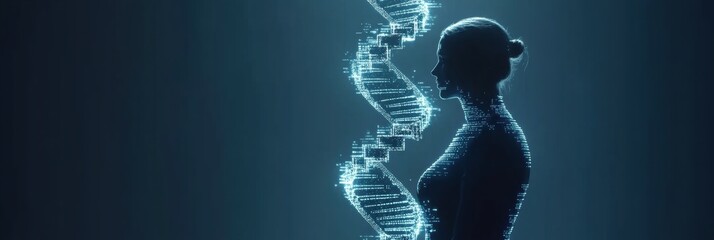 A silhouette of a woman is surrounded by a digital DNA helix, showcasing themes of genetics and modern science in a dark setting. Generative AI