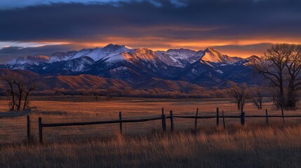 A scenic view of a snow-capped mountain range at sunset, with a wooden fence in the foreground and golden grass.