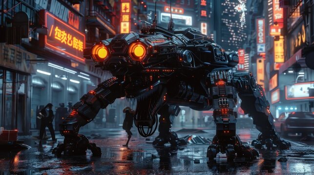 Modern robots in a dark cyberpunk city, AI generated image
