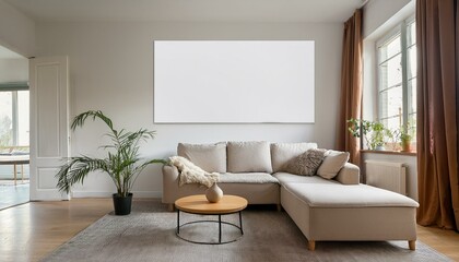 Bright living room interior with white empty poster, couch