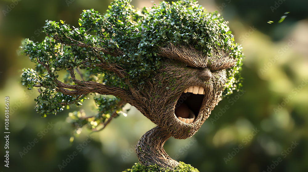 Poster a tree with an expressive face yells in a vibrant forest setting, showcasing intricate branches and 