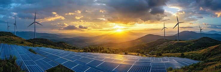 renewable energy landscape with wind turbines and solar panels during golden sunset