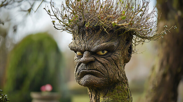 Angry tree with meme expression showing branches and foliage in a garden setting during daylight hours