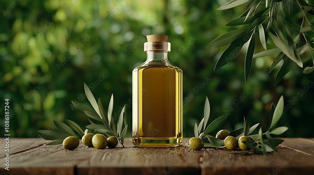 Wall mural Olive oil. A glass bottle of olive oil sits on a wooden table, surrounded by olive branches and fruit, with a green, natural background.