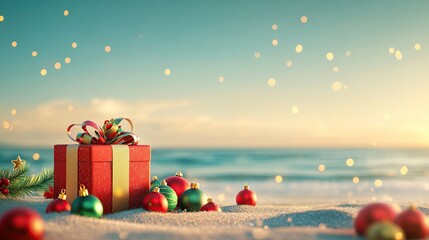 Festive Gift Box on Sandy Beach with Christmas Ornaments