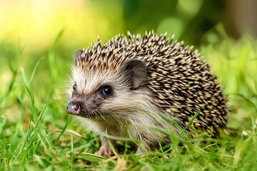 Fototapeta premium Cute Hedgehog foraging in a grassy environment