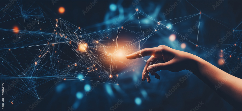 Poster human hand reaching out to touch a robotic interface, symbolizing the connection between technology 