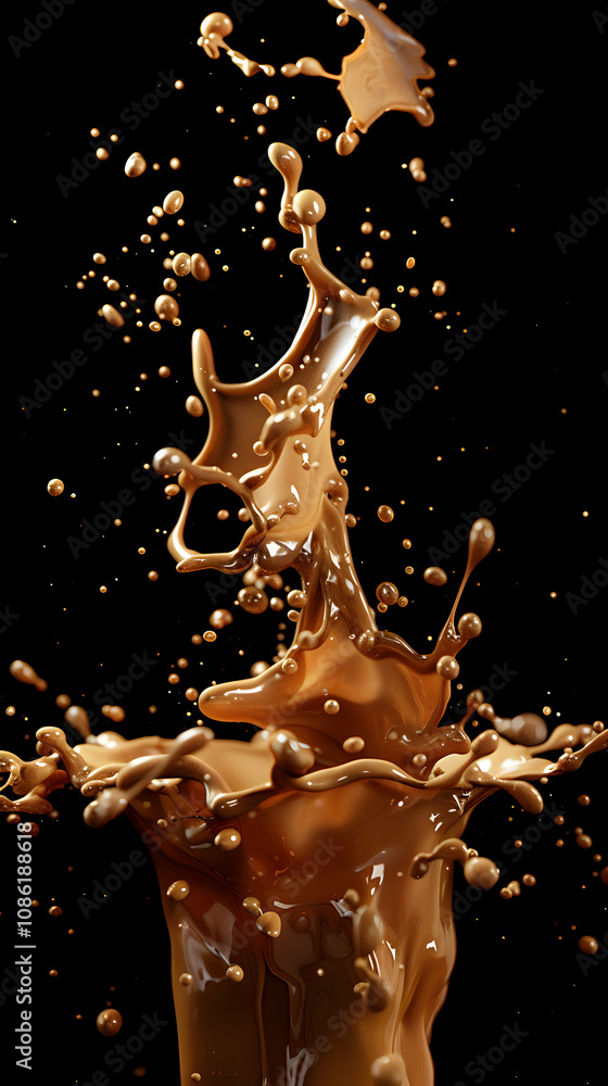Poster a dynamic splash of liquid, highlighting motion and texture against a dark background.