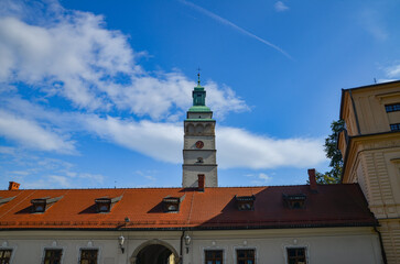 Cathedral of the Nativity of the Blessed Virgin Mary in Żywiec – a temple built in the fifteenth century with a high tower with a clock on it © Pawel Filusz