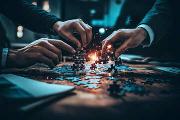 Hands Working Together to Assemble a Jigsaw Puzzle with Sparkles Amidst a Dark Background in a Collaborative Environment