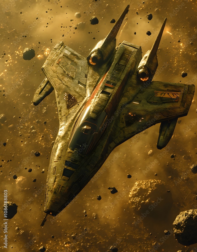 Aufkleber a detailed spacecraft navigating through an asteroid field in a cosmic setting.