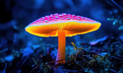 Fototapeta premium Vibrant neon mushroom glowing in a dark forest. image