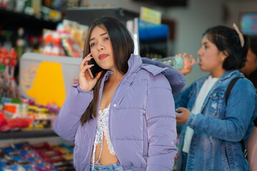 Young woman talking on phone while shopping with friend in trujillo
