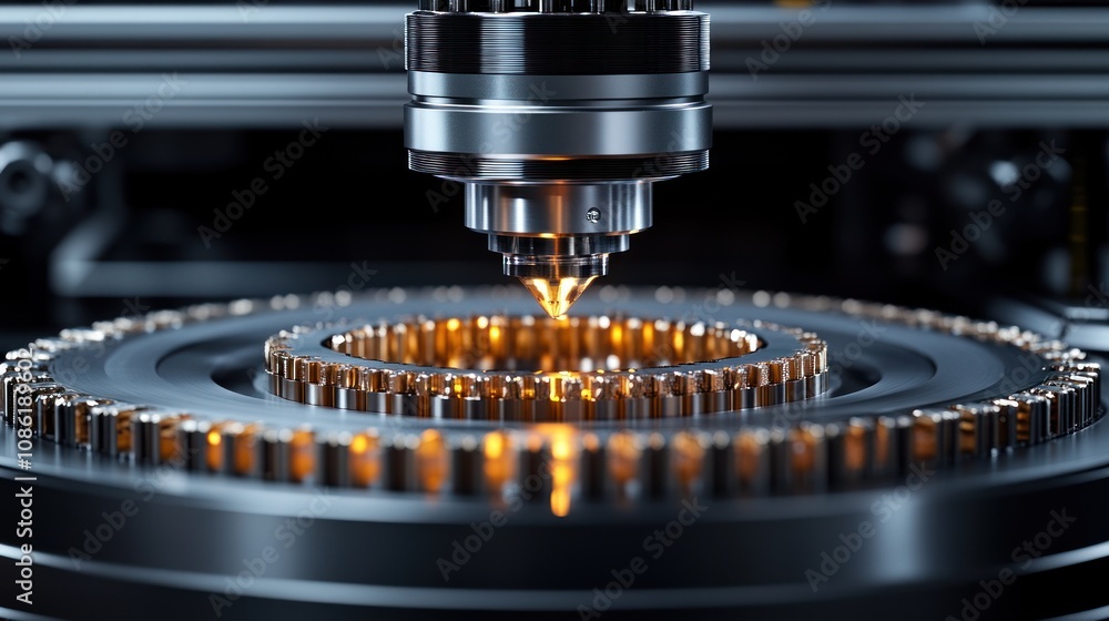 Aufkleber precision machinery with a laser cutting through a circular component.