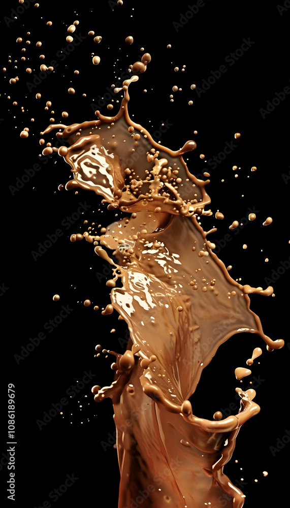Poster dynamic splash of chocolate liquid against a black background, emphasizing texture and motion.