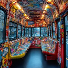 Obraz premium A colorful bus interior adorned with vibrant comic art and playful designs.