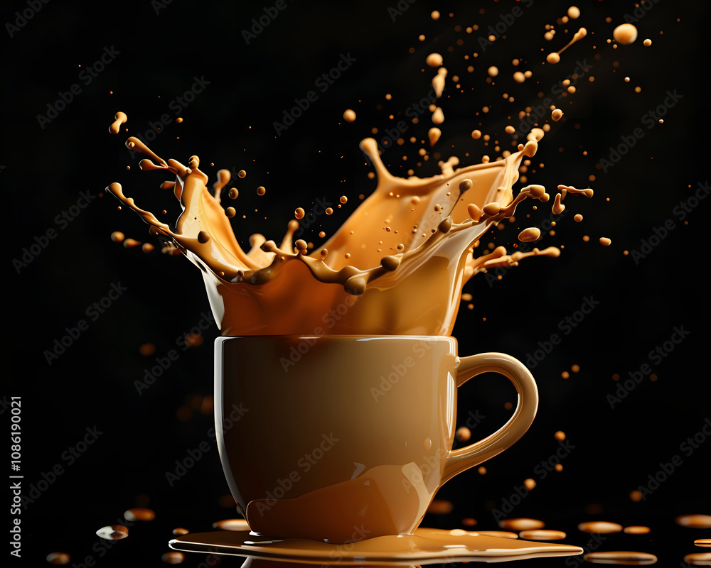 Poster a cup of coffee splashing, creating a dynamic and energetic visual effect.