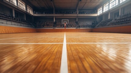 Wide-angle view of an indoor court with no players. Clearly marked lines in white on wooden floor. Stands in background filled with spectators