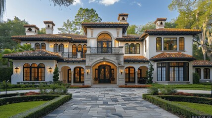 beautiful white spanish colonial style home with black accents and paver driveway in Florida