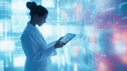 A doctor in a white coat is focused on a tablet, accessing vital information in a high-tech medical setting filled with digital screens. Generative AI