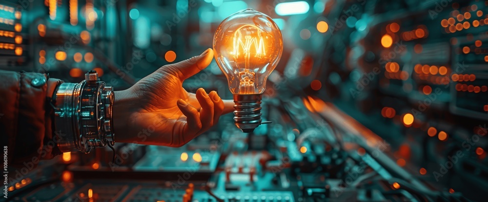 Poster human and robot hand touching light bulb in futuristic technology concept ai machine learning digita