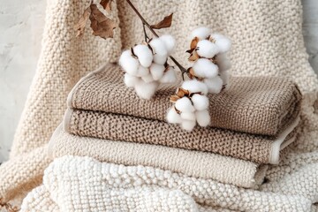 Cozy Bathroom Towels with Cotton Flowers Top View Spa and Relaxation Accessories