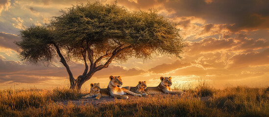 Lioness and cubs resting under an acacia tree during a golden sunset in the African savanna creating a serene scene
