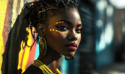 Young woman with traditional African tribal makeup in urban setting.  image