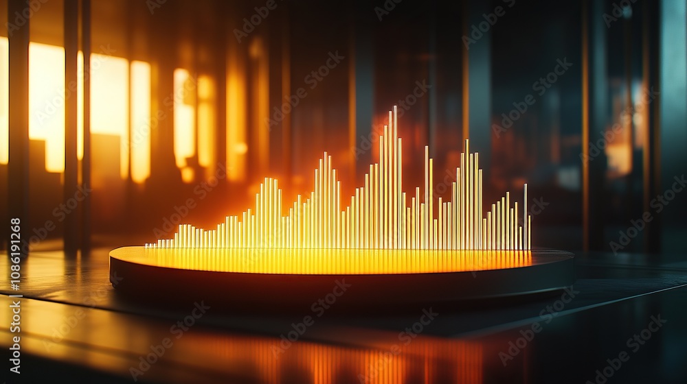 Poster a glowing audio waveform visualization in a modern, ambient setting.