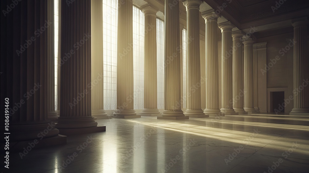 Poster a grand interior space with tall columns and soft light filtering through large windows.