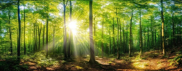 Fototapeta premium Sunlit Green Forest Panorama with Trees and Sunbeams in Spring and Summer