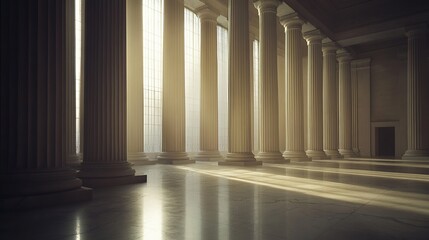 Fototapeta premium A grand interior space with tall columns and soft light filtering through large windows.