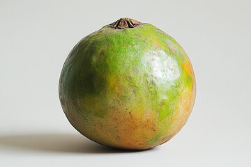 A single ripe green and yellow fruit rests on a white background