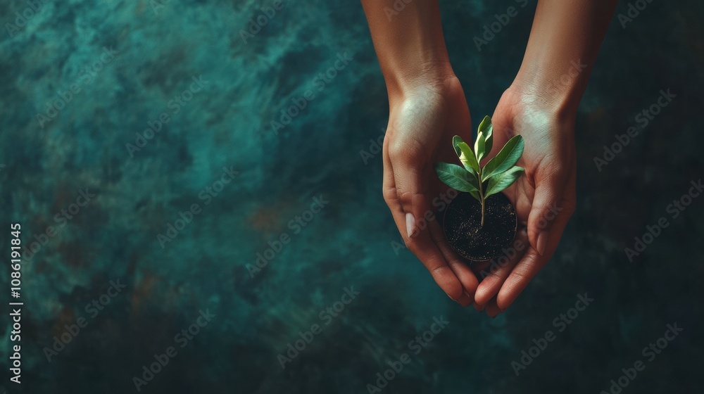 Poster two hands cradle a small seedling in dark soil, conveying care and nurturing in a vibrant setting th