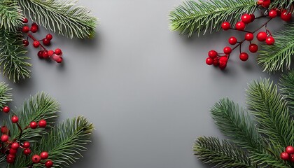 Elegant Christmas arrangement with fir tree branches and red berries on a gray background for holiday decor. Generative AI