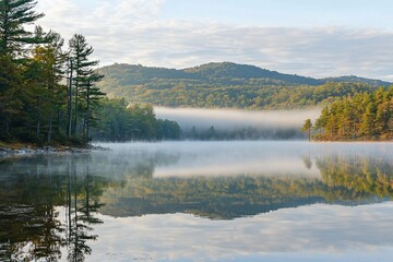 Serene Reflections: Misty Morning on a Calm Lake Surrounded by Lush Forests