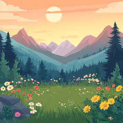Serene Sunset Mountain Meadow Wildflowers Landscape