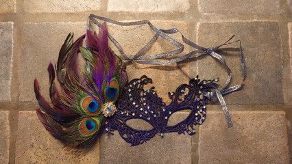 Baroque Venetian Mask with peacock feather pin for carnival masquerade