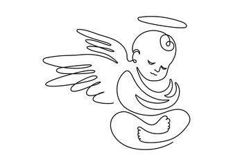 Beautiful Angel Baby in one continuous line drawing. Christmas cherub and easter symbol in simple linear style. Elegance logo editable stroke. Doodle sketch vector illustration