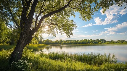 Obraz premium Tranquil lake landscape with tree and sunlight