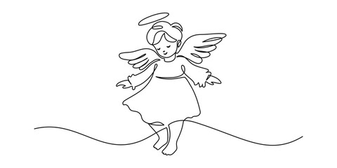 Beautiful Angel Baby in one continuous line drawing. Christmas cherub and easter symbol in simple linear style. Elegance logo editable stroke. Doodle vector illustration