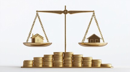 A balance scale weighing two houses against stacks of coins, symbolizing real estate value.