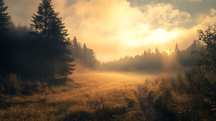 Naklejka premium Misty Sunrise in a Pine Forest