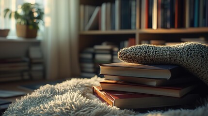 A cozy reading nook with stacked books and a knitted blanket in warm sunlight.