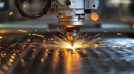 A laser cutting machine operates, producing sparks as it processes metal sheets.