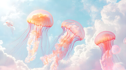 Fototapeta premium Jellyfish swimming in the sky among soft clouds, with their tentacles glowing in pastel tones