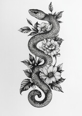 Tattoo design featuring a snake wrapped around a rose, in a vintage style, on a white background, render in black ink on paper, with a minimalist aesthetic.